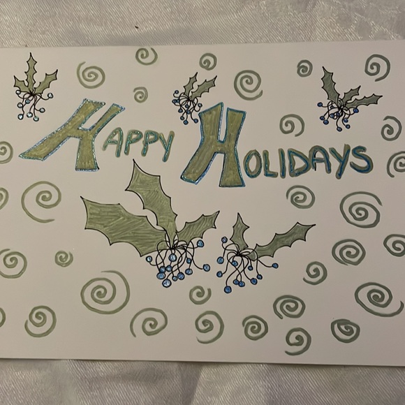 5 Handmade Hand Drawn & Coloured w Metallics Christmas Cards All Blank Inside - Picture 7 of 7